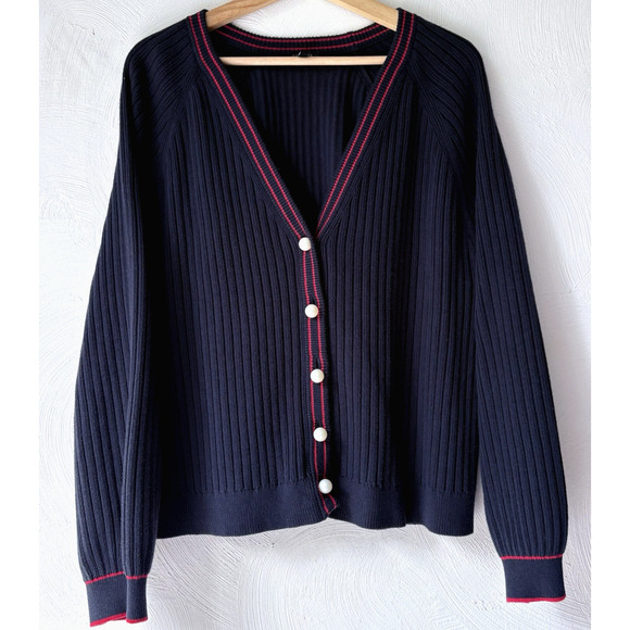 Talbots Sweaters - Talbots Petite XLP Navy V-Neck Ribbed Cardigan Sweater Pearl Buttons Red Trim